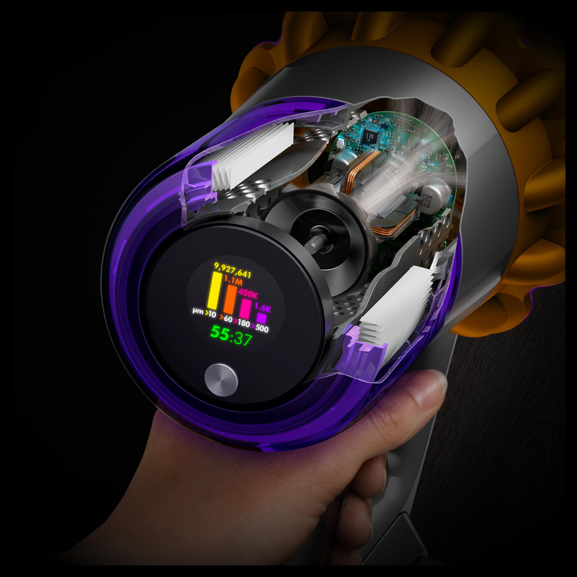 Schnittansicht eines Dyson Staubsaugers mit internen Komponenten und Digitalanzeige.