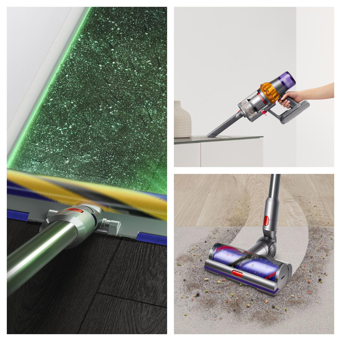 Ein Dyson-Staubsauger reinigt einen Teppich und Holzboden mit grüner Lasertechnologie.