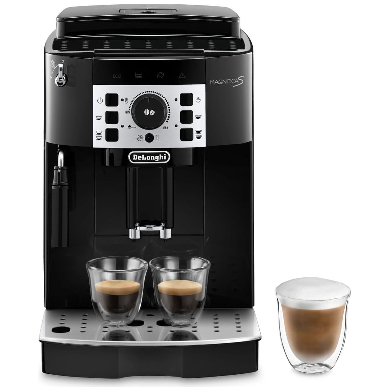 Zwarte koffiemachine met twee espressokopjes en één cappuccinokopje.