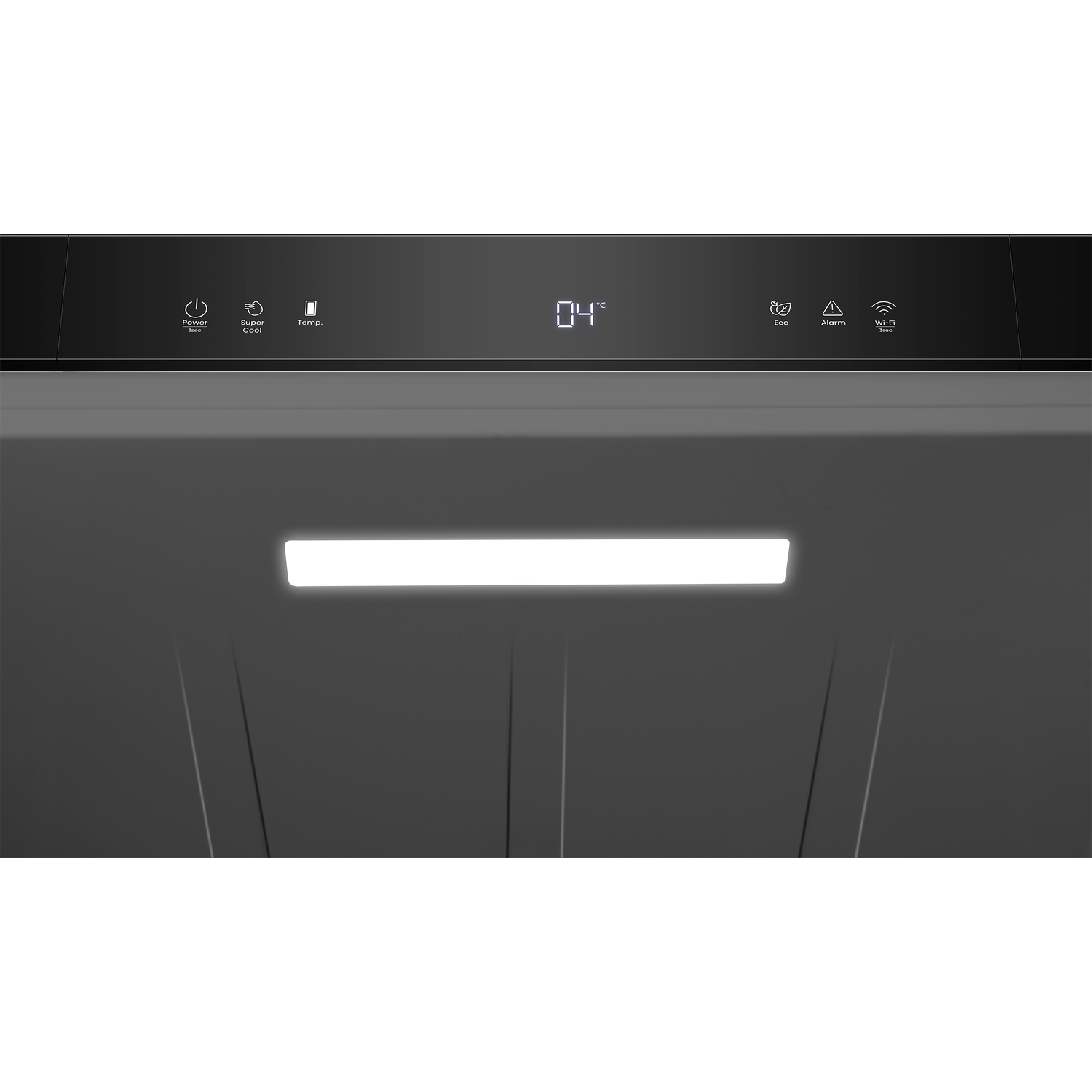 Koelkastdisplay met temperatuur, Power, Super Cool, Eco, Alarm en Wi-Fi iconen.