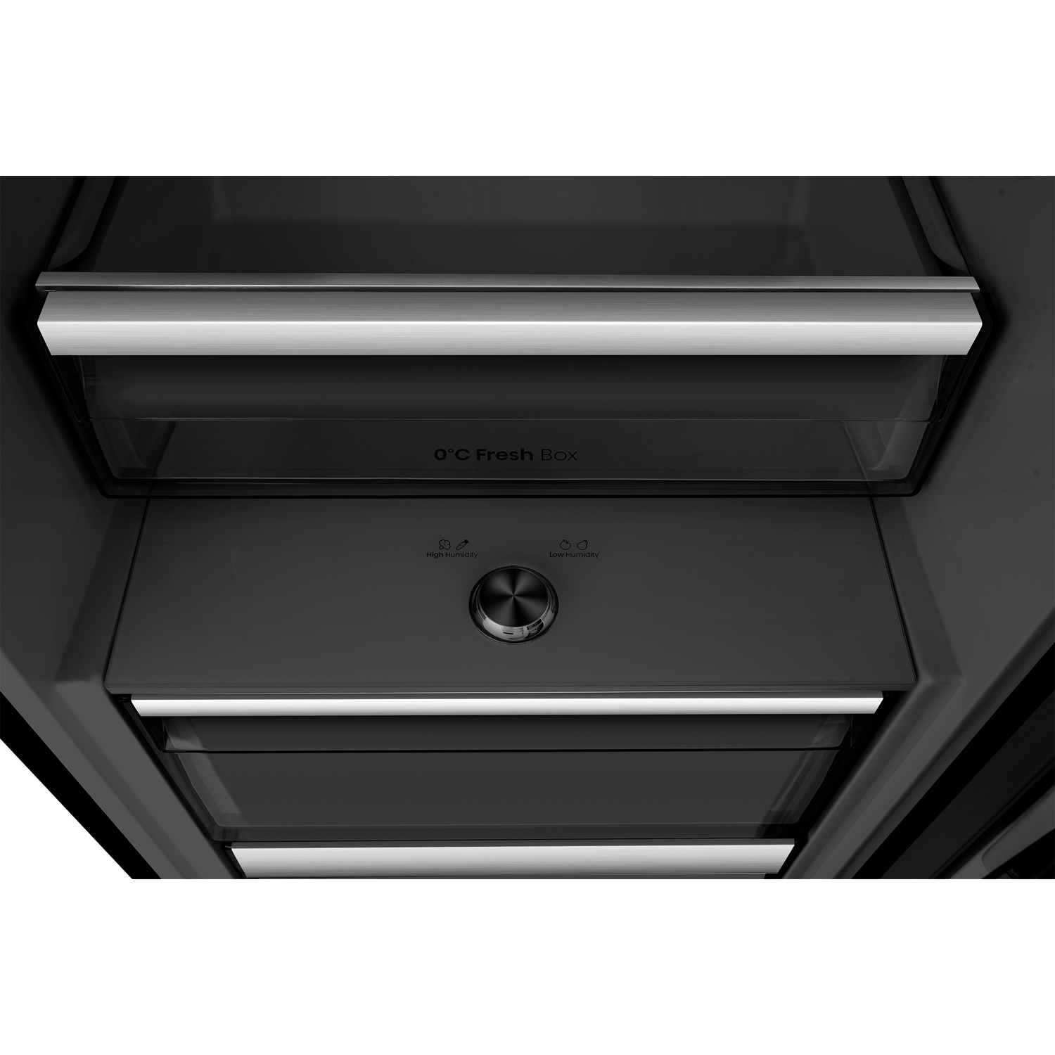 Interieur koelkast met 0°C Fresh Box en vochtigheidsregelaar.