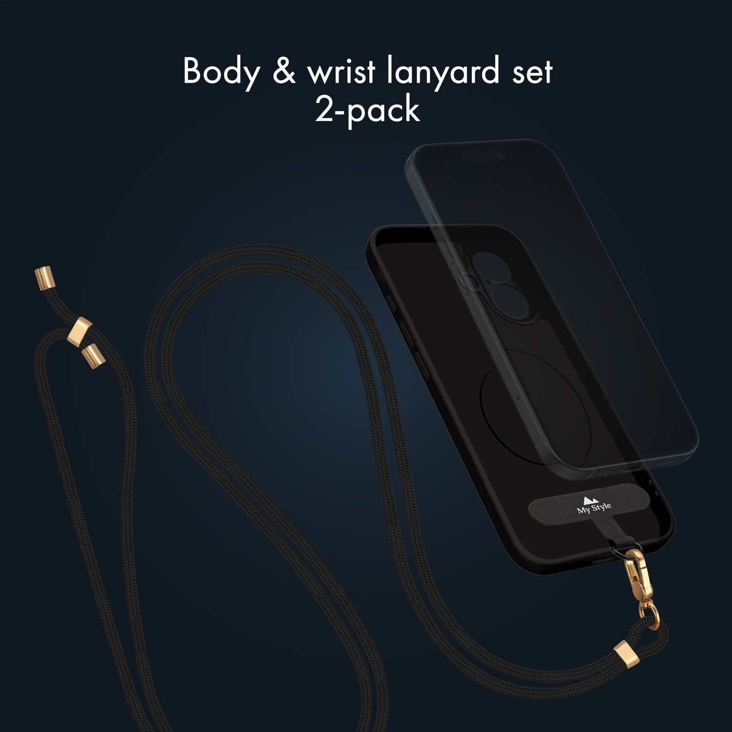 Black lanyard set for body and wrist with gold accents on a black phone.