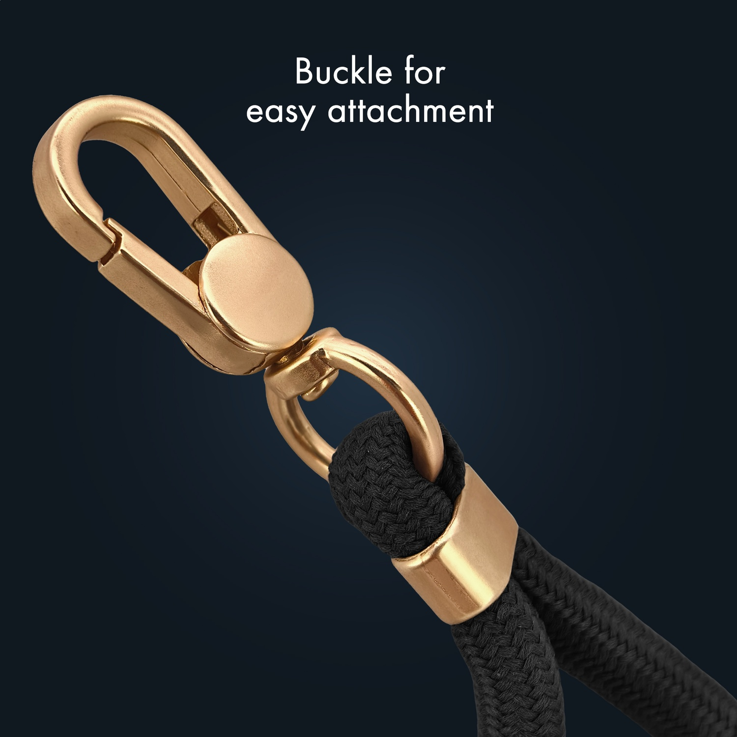 Gold clasp with black rope for easy attachment.