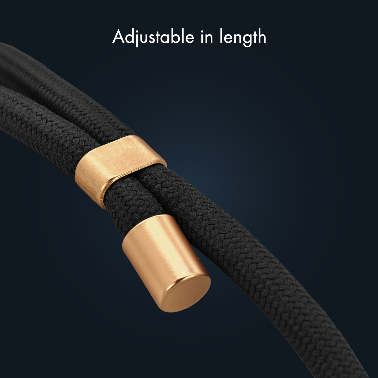 Black cord with gold accents, adjustable in length.