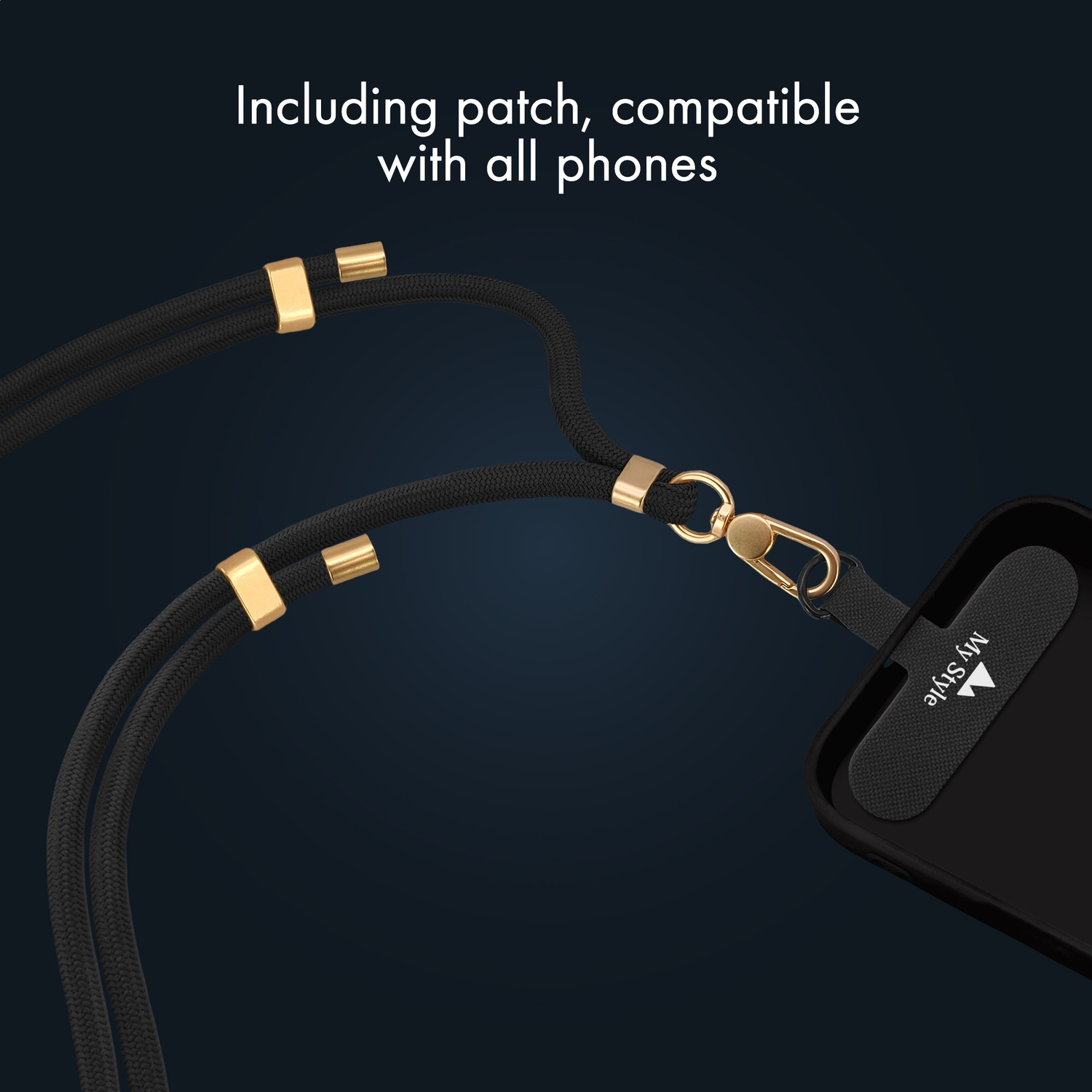 Black phone lanyards with gold accents and clasps attached to a phone.