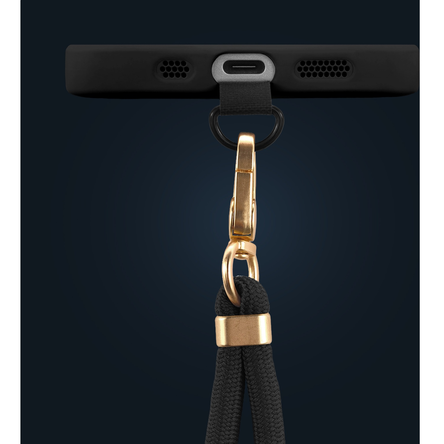 A black smartphone with a gold clasp and a loop attached to its charging port.