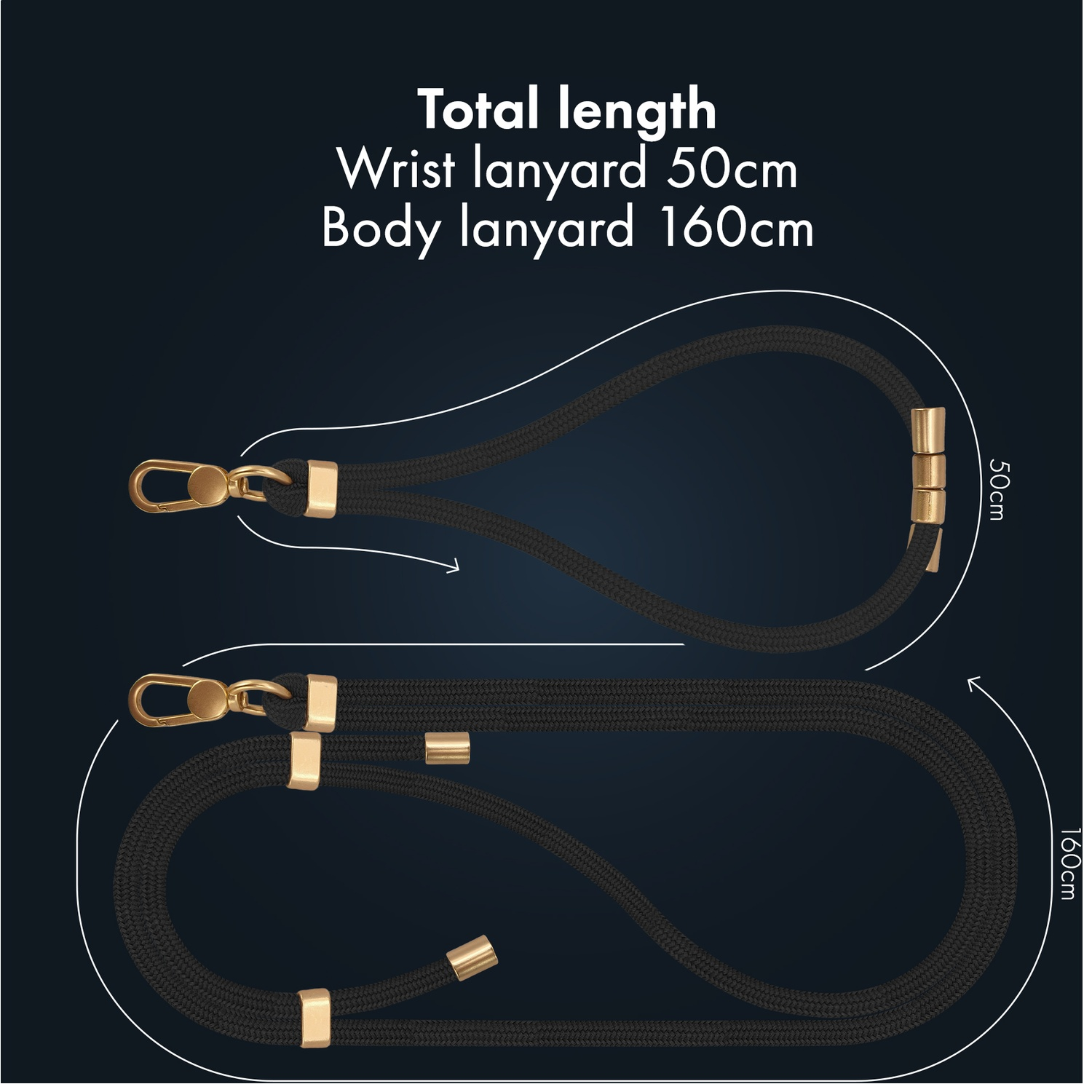 Two black lanyards with gold clasps. One is 50cm, the other 160cm.