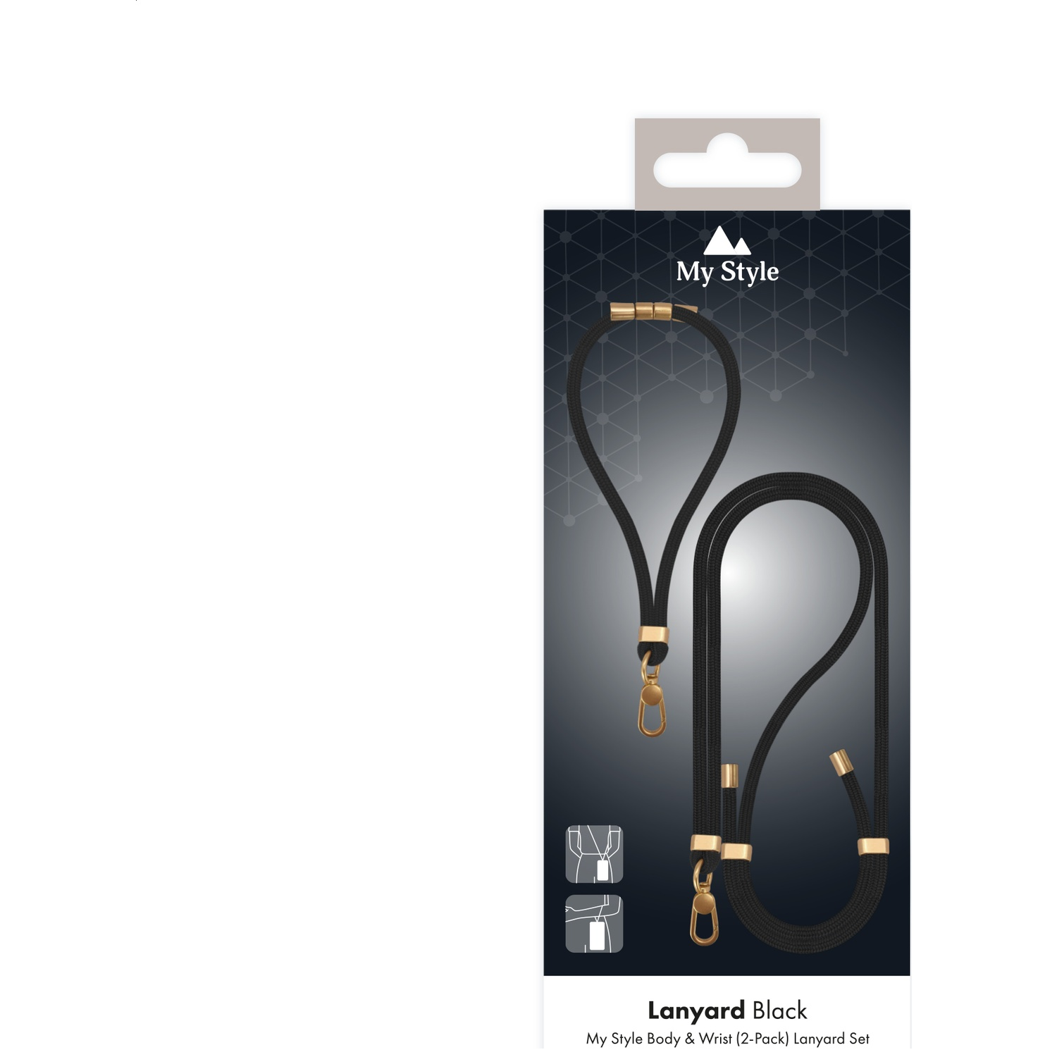 Black lanyard set with gold clasps on dark background.