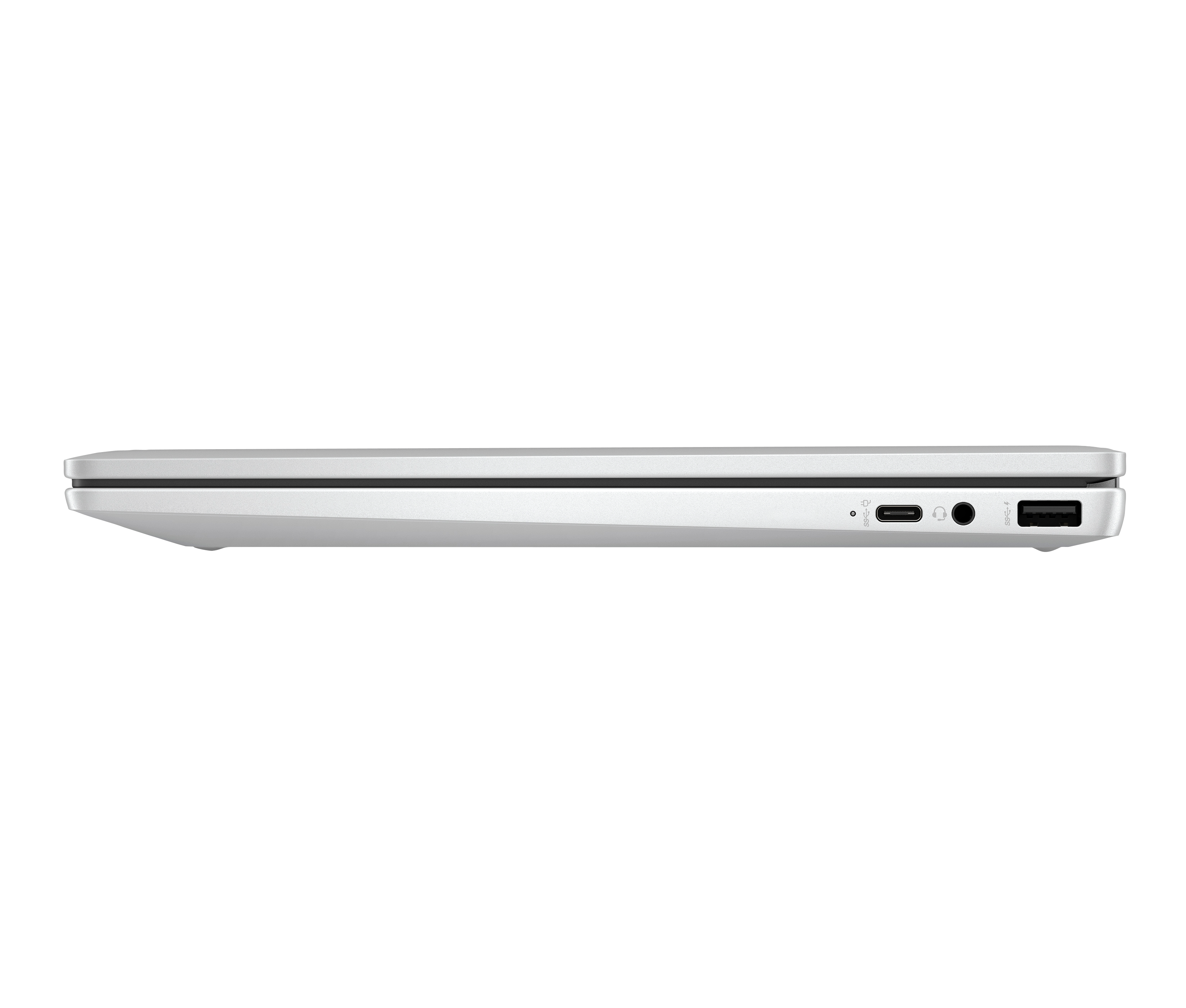Zilver profiel laptop met USB-C, koptelefoonaansluiting en USB-A poorten.