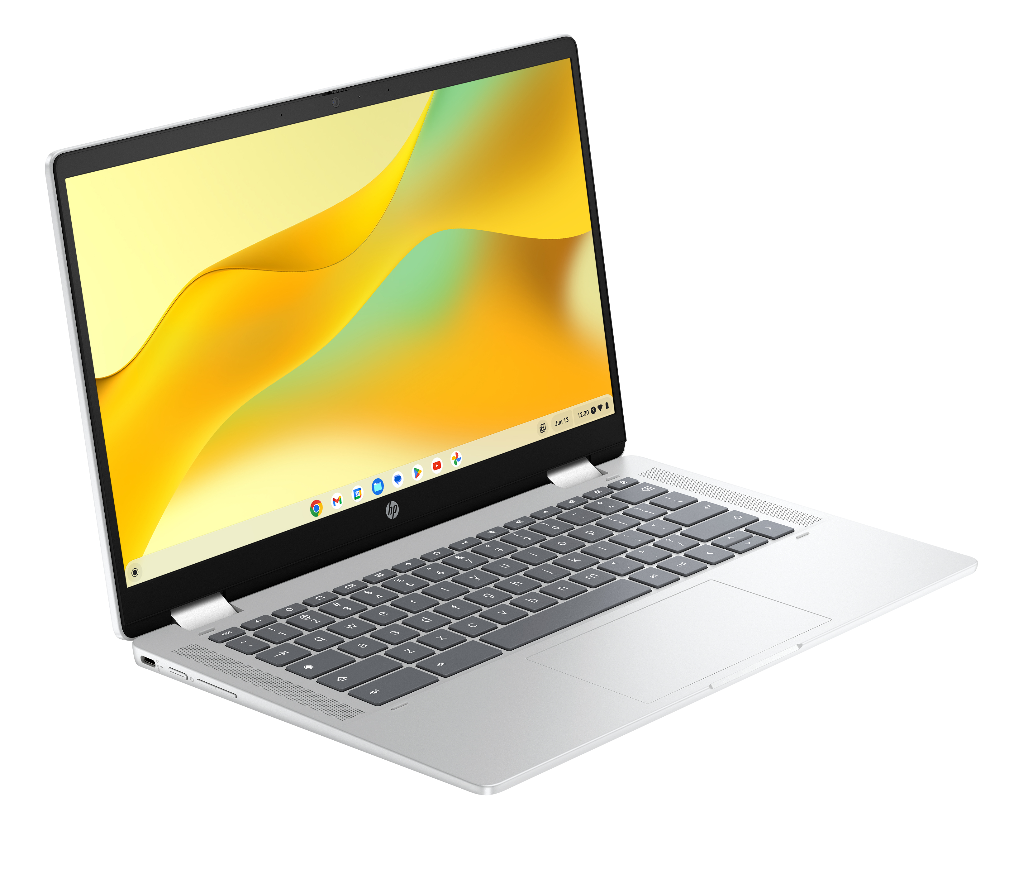 Een open zilveren laptop met een kleurrijke abstracte achtergrond op het scherm.