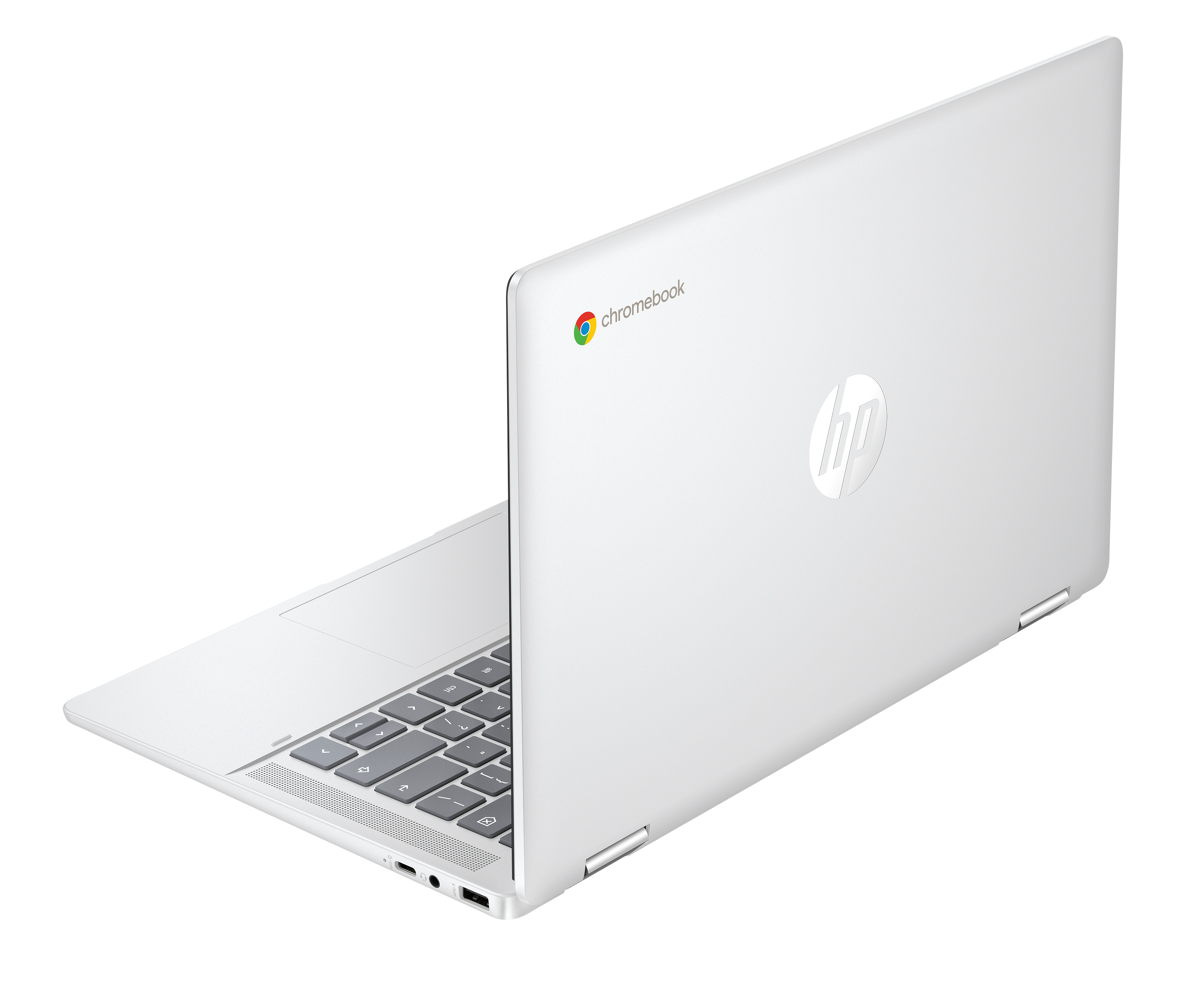 Een open witte HP Chromebook laptop met zilver toetsenbord op zwarte achtergrond.