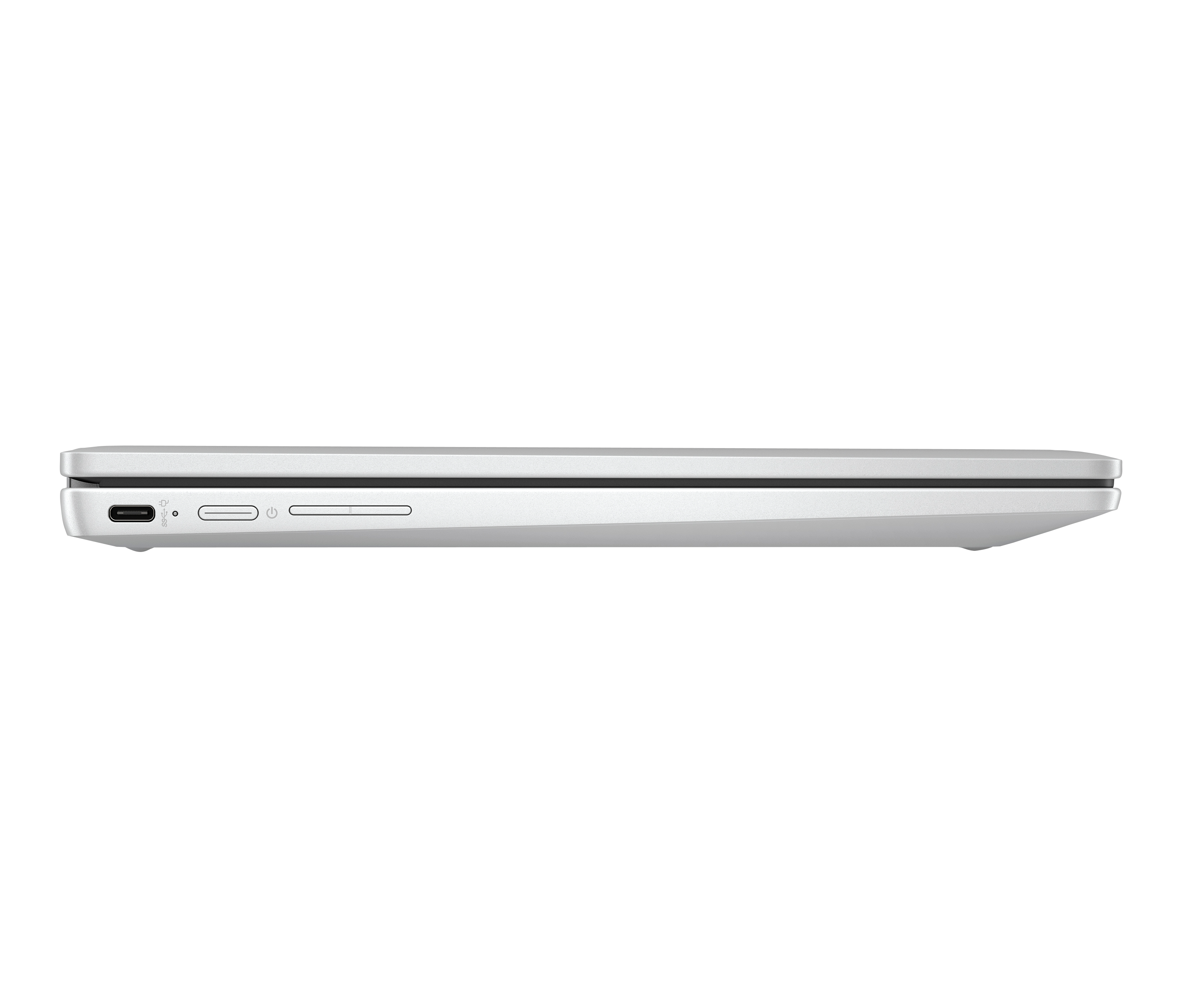 Zilveren laptop op zwarte achtergrond, zijaanzicht met poorten.