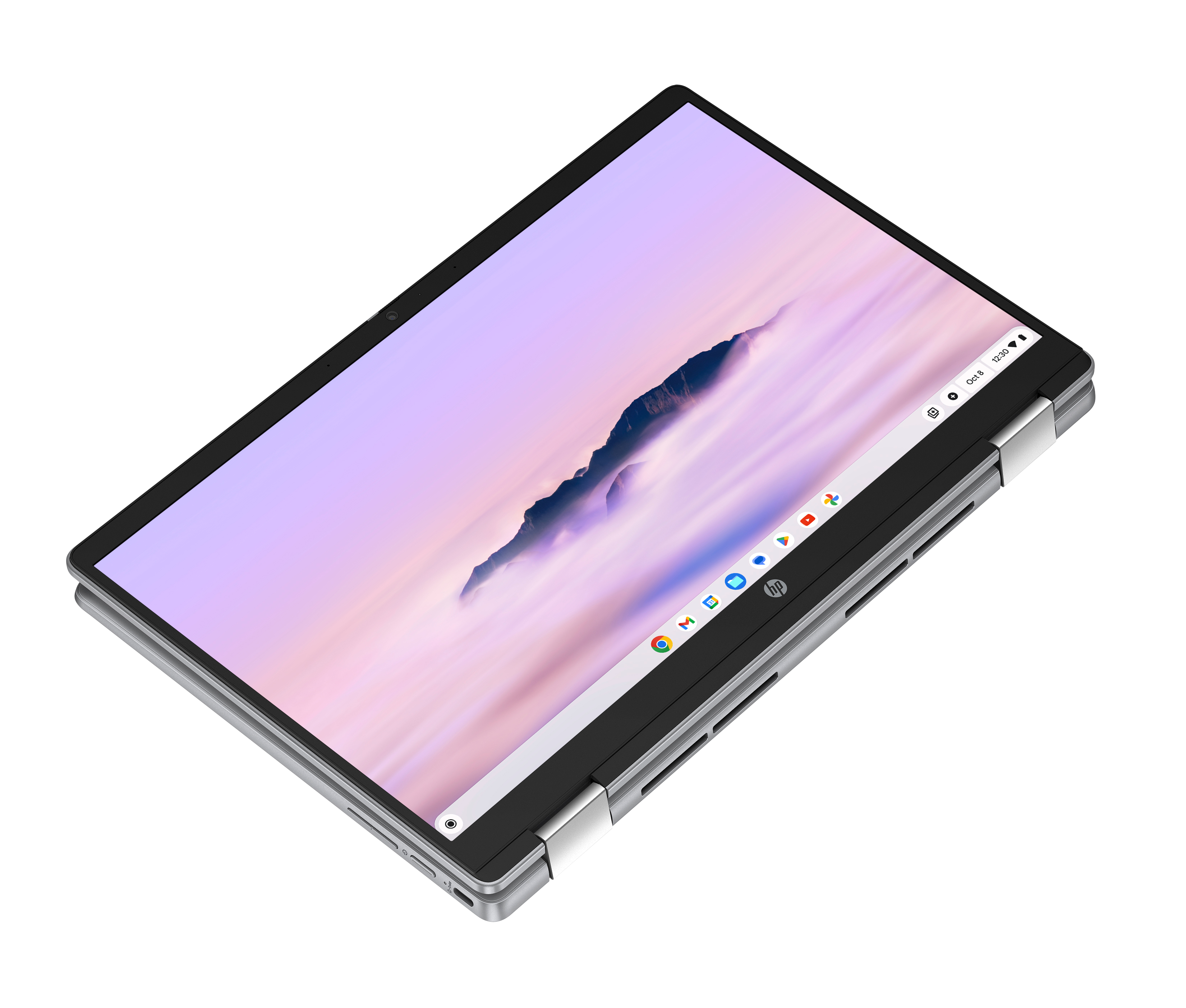 Een zilveren laptop met een paarse en roze achtergrond op het scherm.