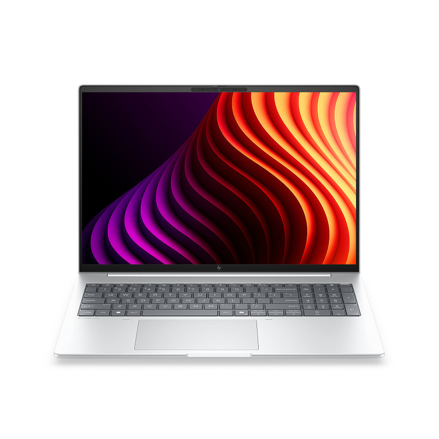 Een zilveren HP EliteBook laptop is open, met een kleurrijk abstract behang op het scherm.