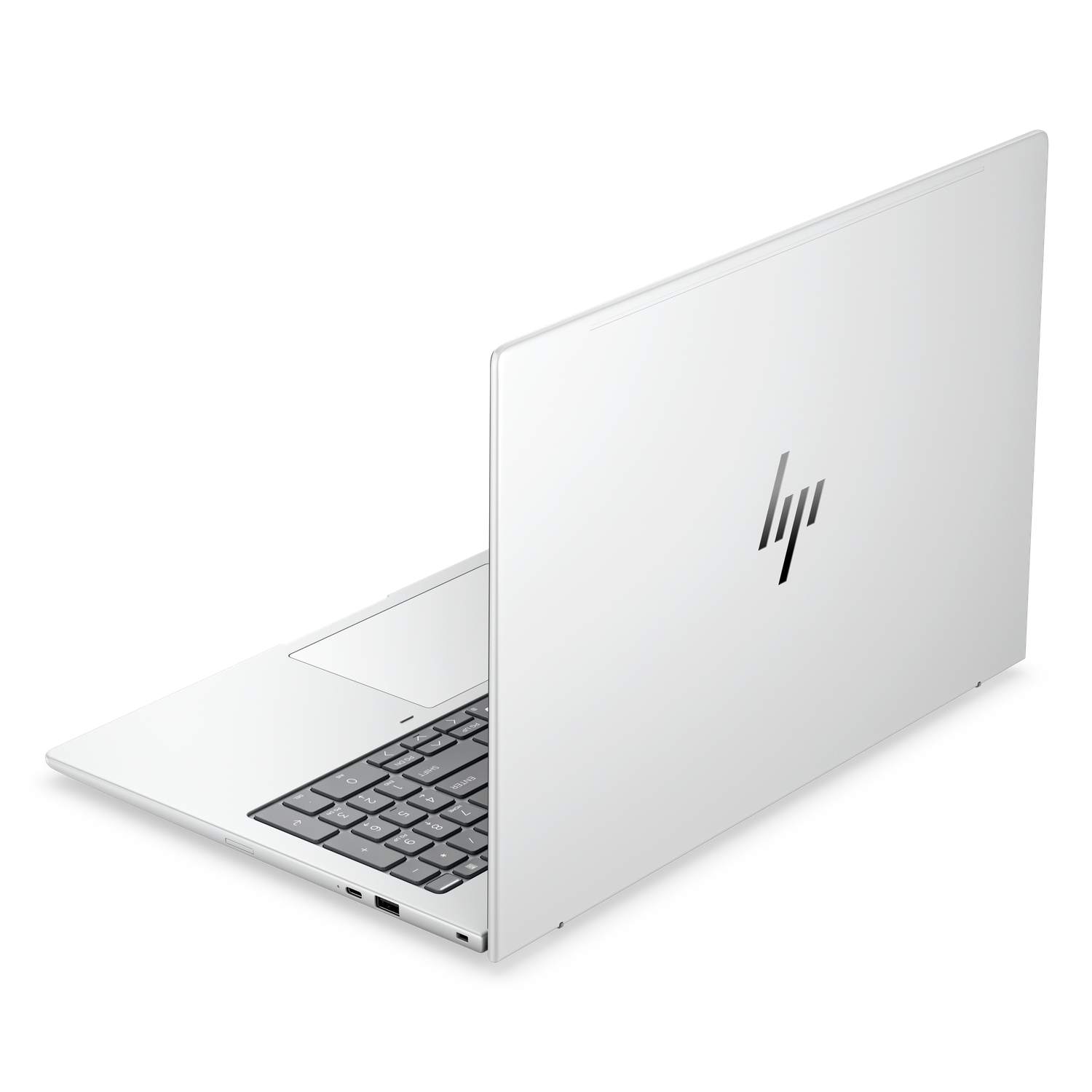 Een witte HP laptop met open scherm, met toetsenbord, close-up.