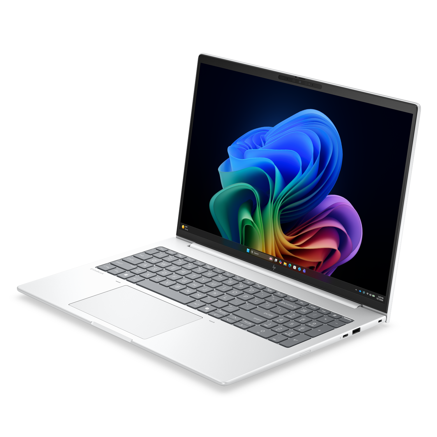 Een open zilveren laptop toont een kleurrijke achtergrond op het scherm.