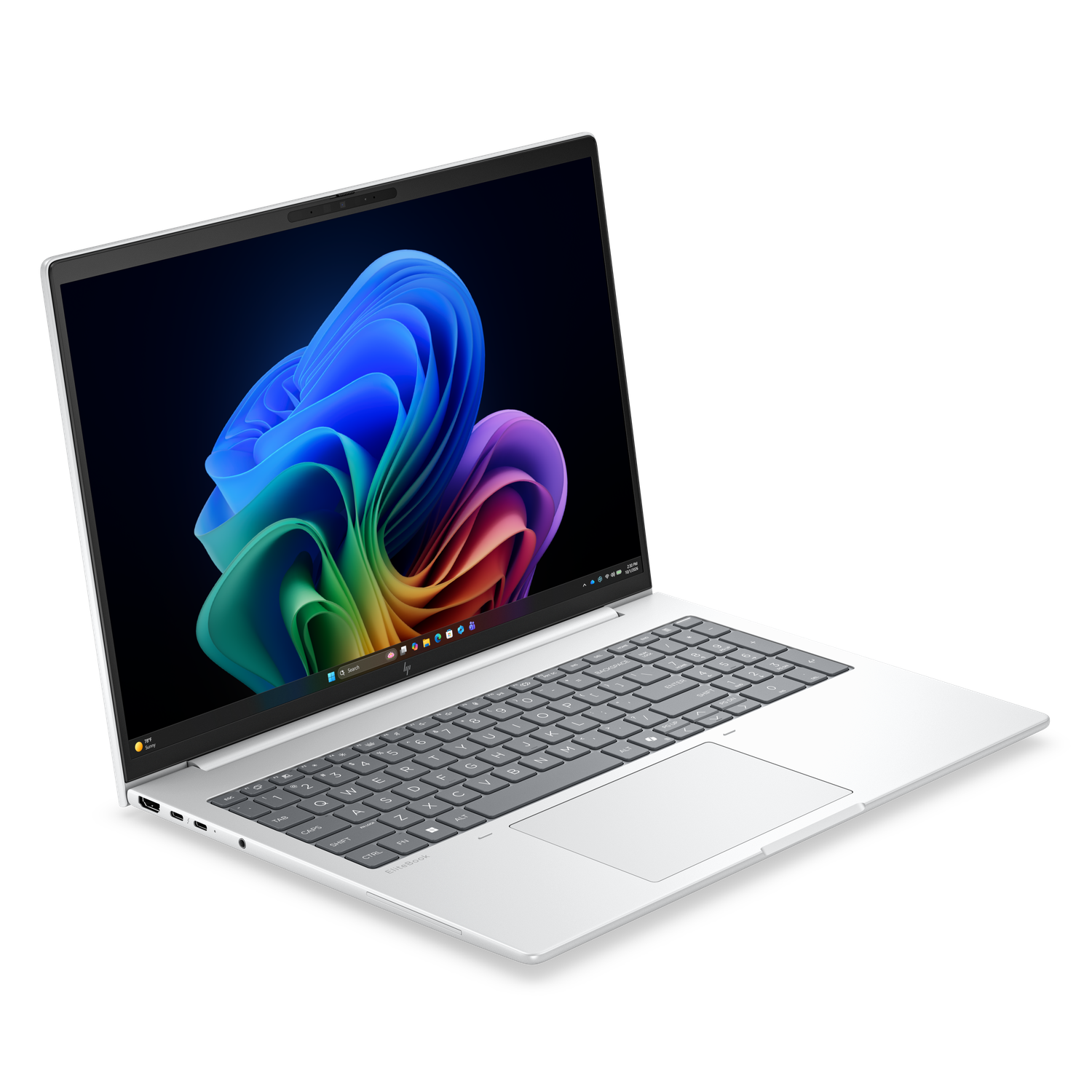 Een zilveren HP EliteBook laptop met kleurrijke abstracte achtergrond op het scherm.