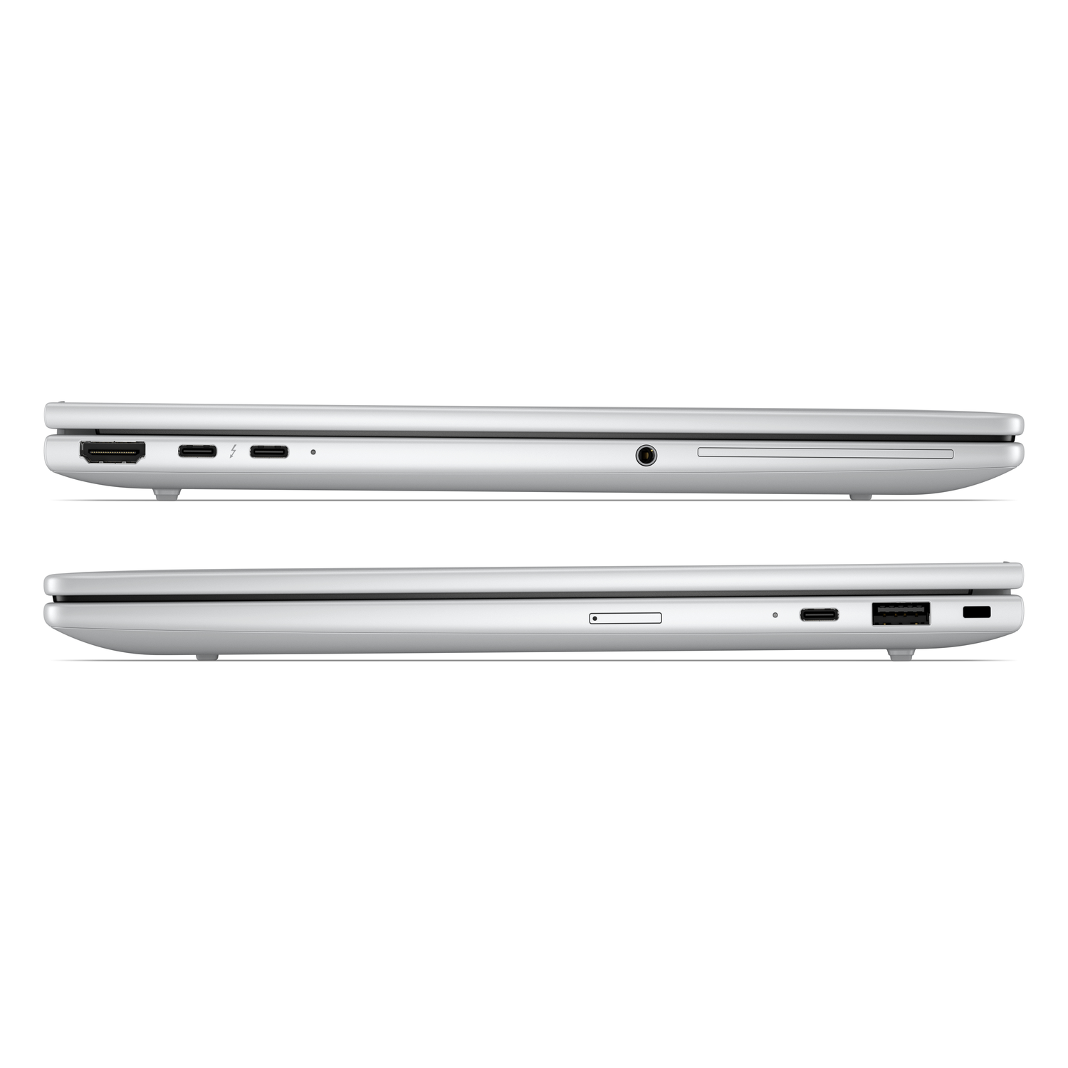 Zilveren laptop, zijaanzicht, met poorten: HDMI, USB-C, audio jack, SD-kaartsleuf.