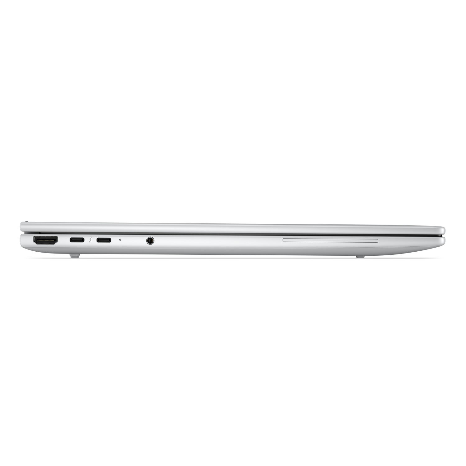 Gesloten zilveren laptop met poorten aan de zijkant: HDMI, USB-C, Thunderbolt, koptelefoonaansluiting.