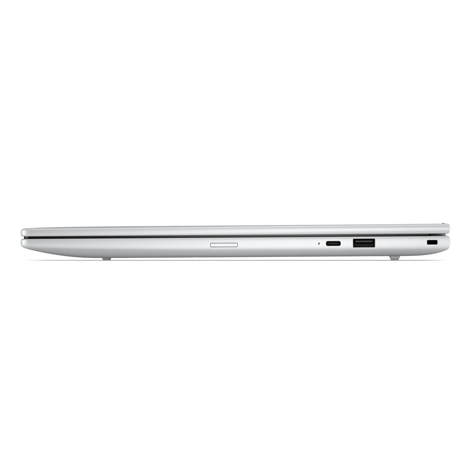 Zijaanzicht van een slanke, witte laptop met USB- en USB-C-poorten.