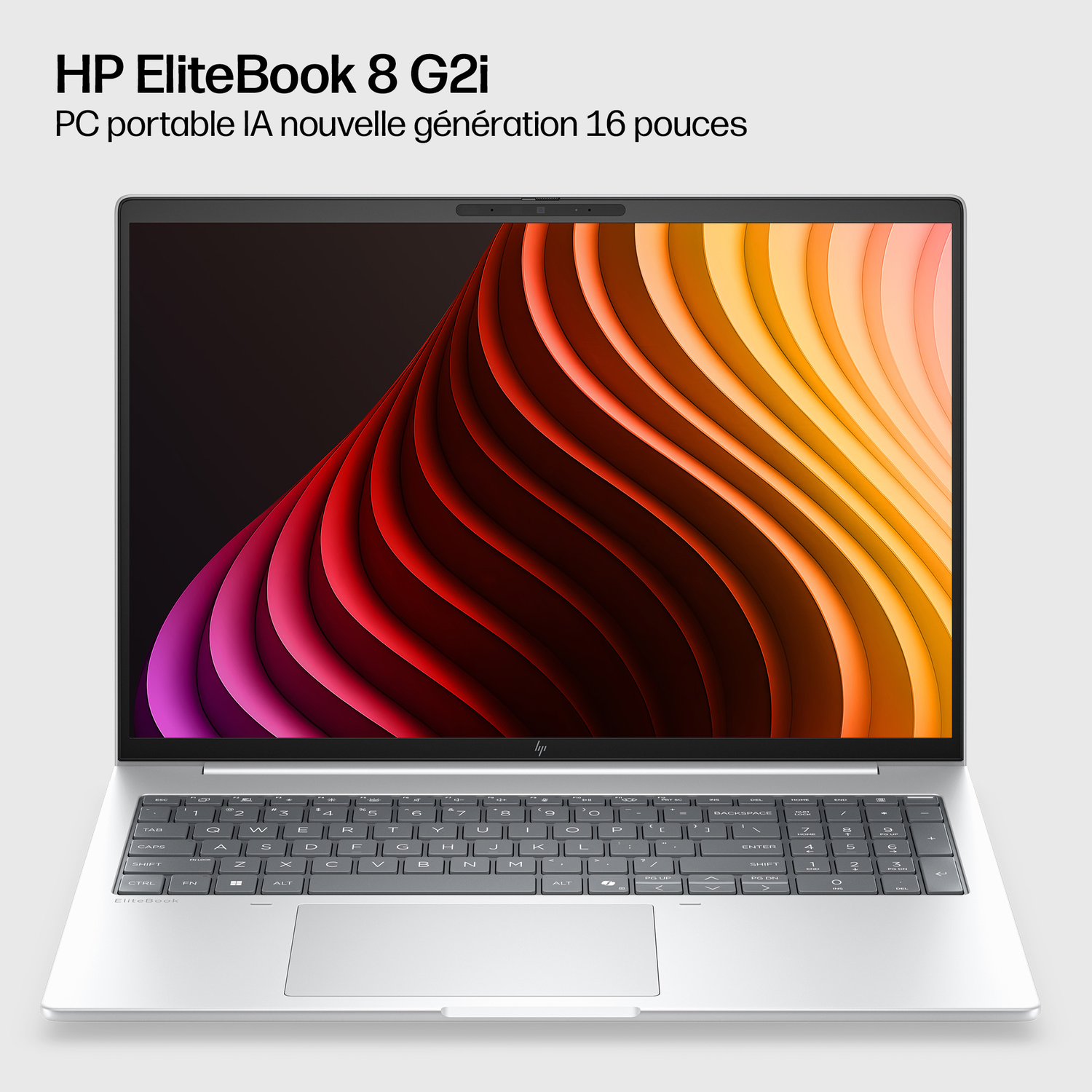 Ordinateur portable HP EliteBook argenté avec fond d'écran abstrait coloré.