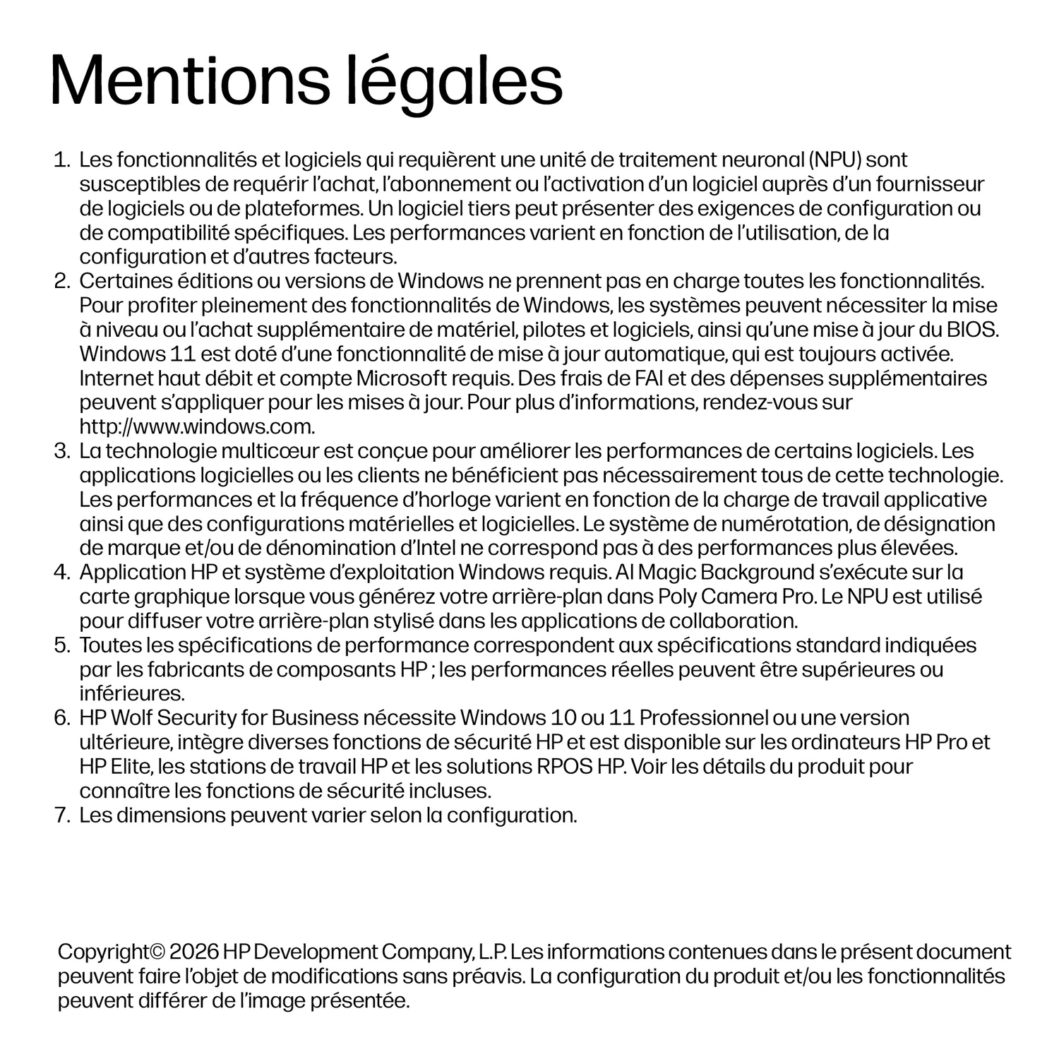Mentions légales avec sections numérotées sur les logiciels, Windows et produits HP.