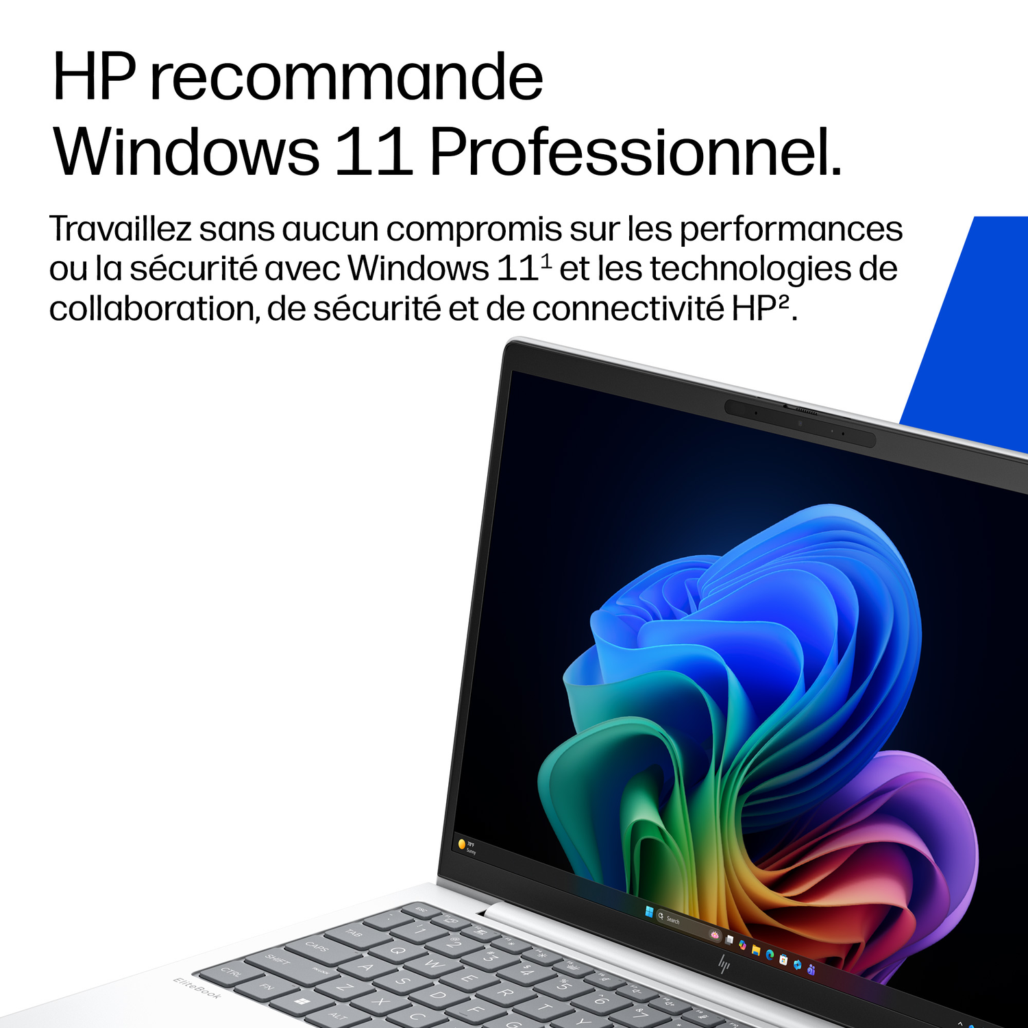 HP recommande Windows 11 Pro. Un ordinateur portable avec fond d'écran coloré.