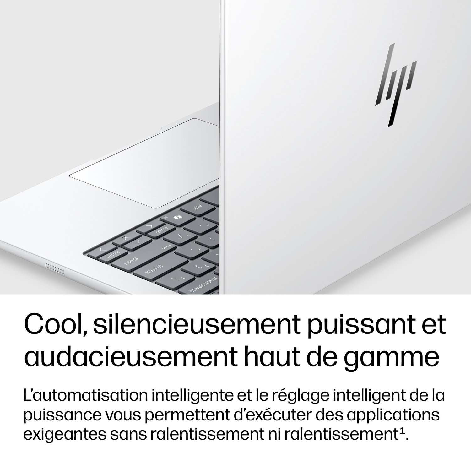 Un ordinateur portable argenté avec le logo HP sur le capot et clavier.