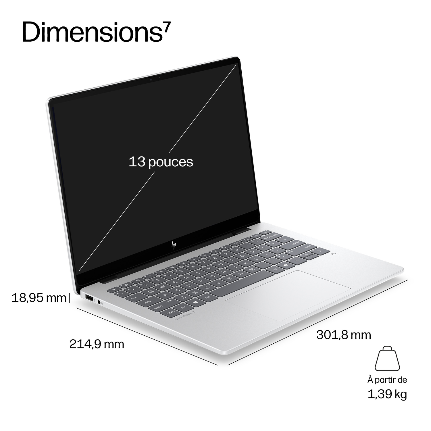 Un ordinateur portable argenté avec écran 13 pouces, dimensions et poids.