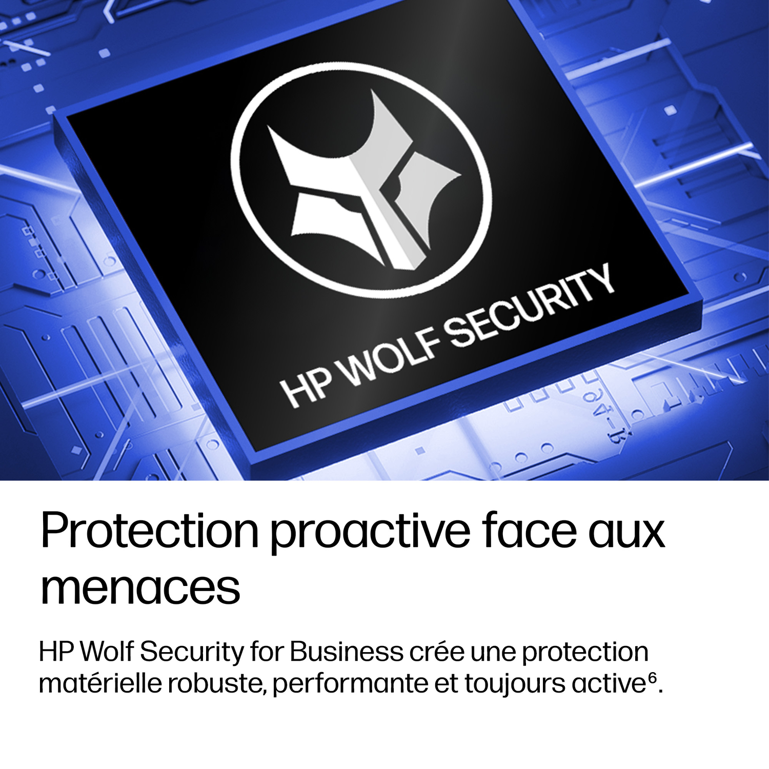 Logo HP Wolf Security sur fond bleu avec texte.