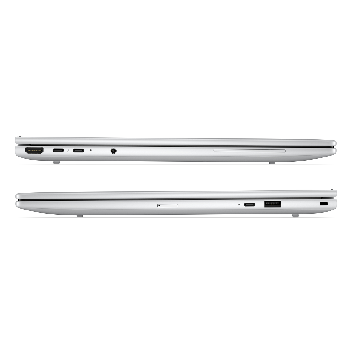 Zilveren laptop met poorten: HDMI, USB-C, audio-aansluiting en SD-kaartslot.