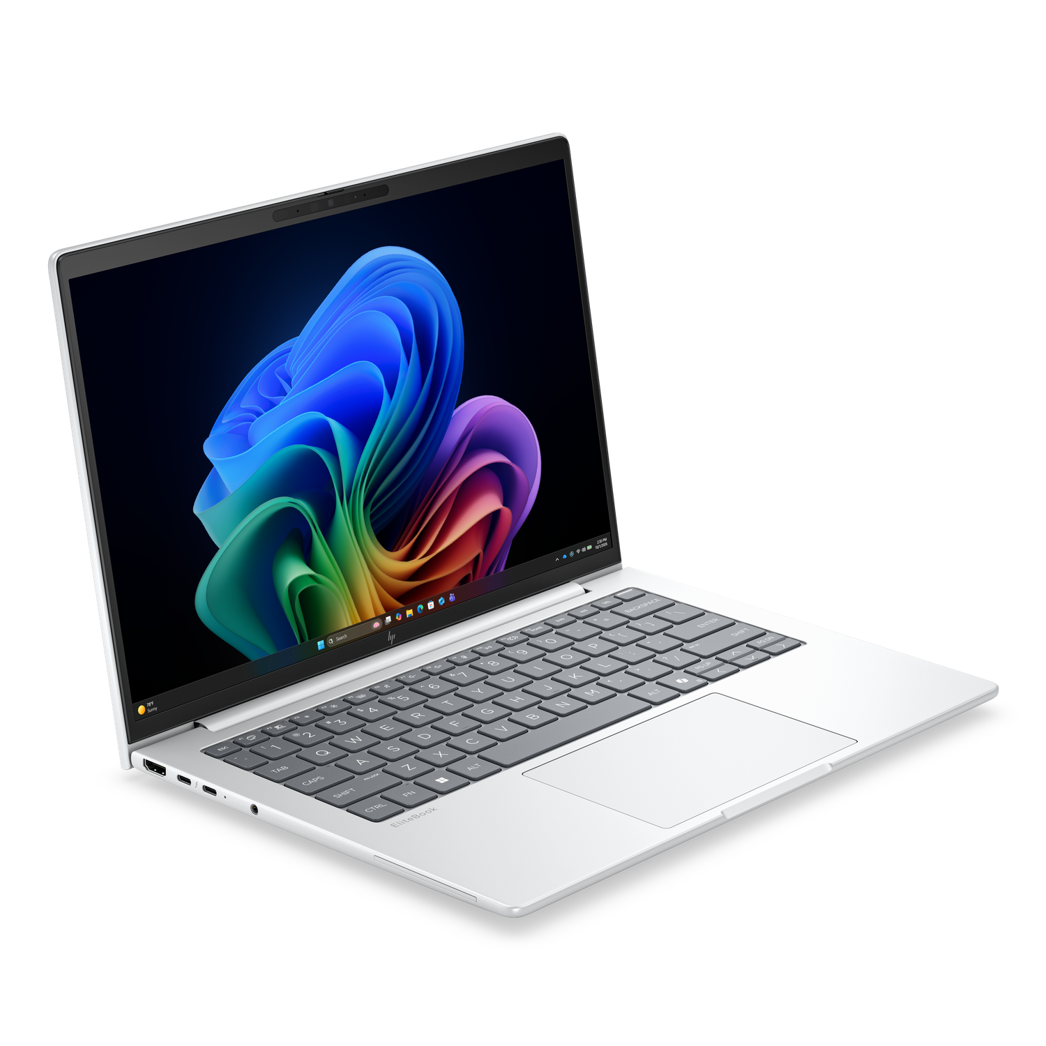 Een zilveren HP EliteBook laptop met een kleurrijke achtergrond op het scherm.