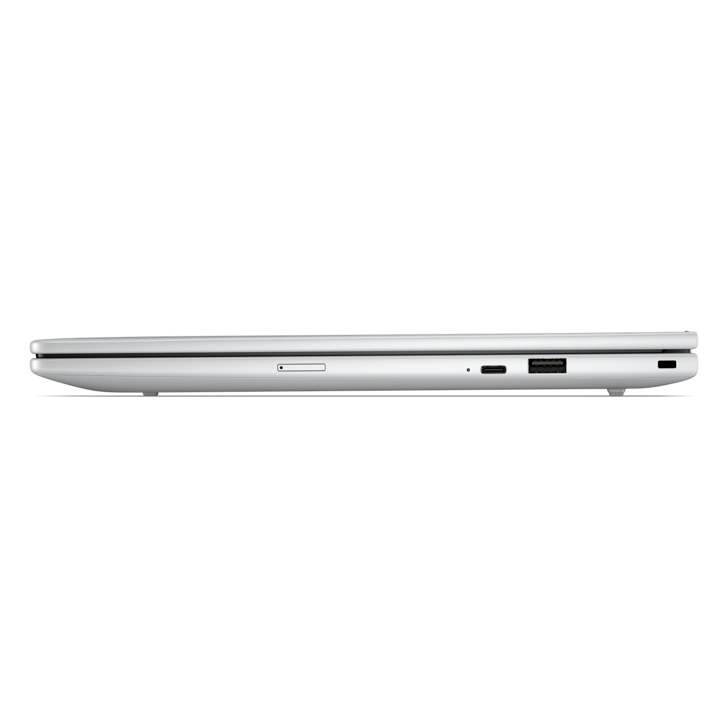 Zilver profiel laptop met USB-C, USB-A poorten en SD-kaartsleuf.