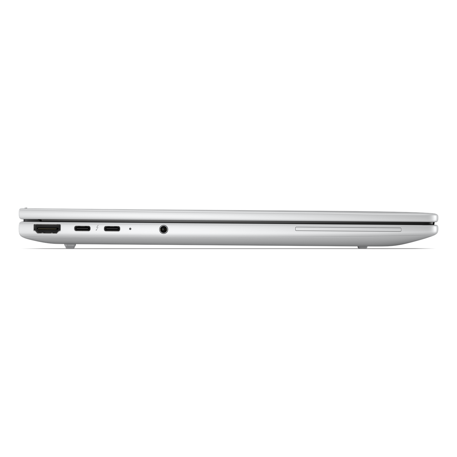 Zijaanzicht van een zilveren laptop met poorten: HDMI, Thunderbolt, USB-C, audiojack.