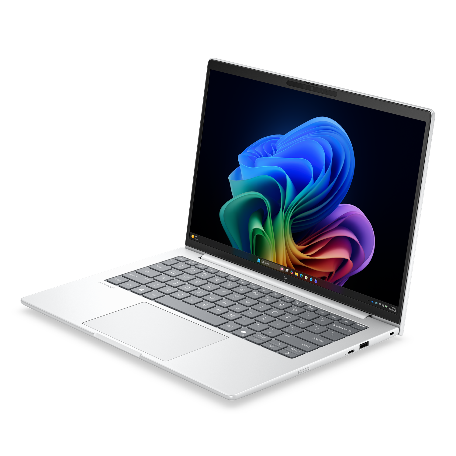 Een zilveren laptop met kleurrijke achtergrond, open op een witte achtergrond.