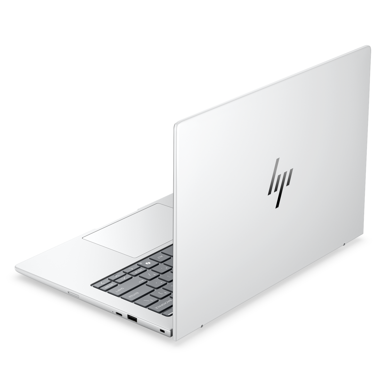 Een witte HP laptop met zilver toetsenbord en touchpad, van achteren gezien.