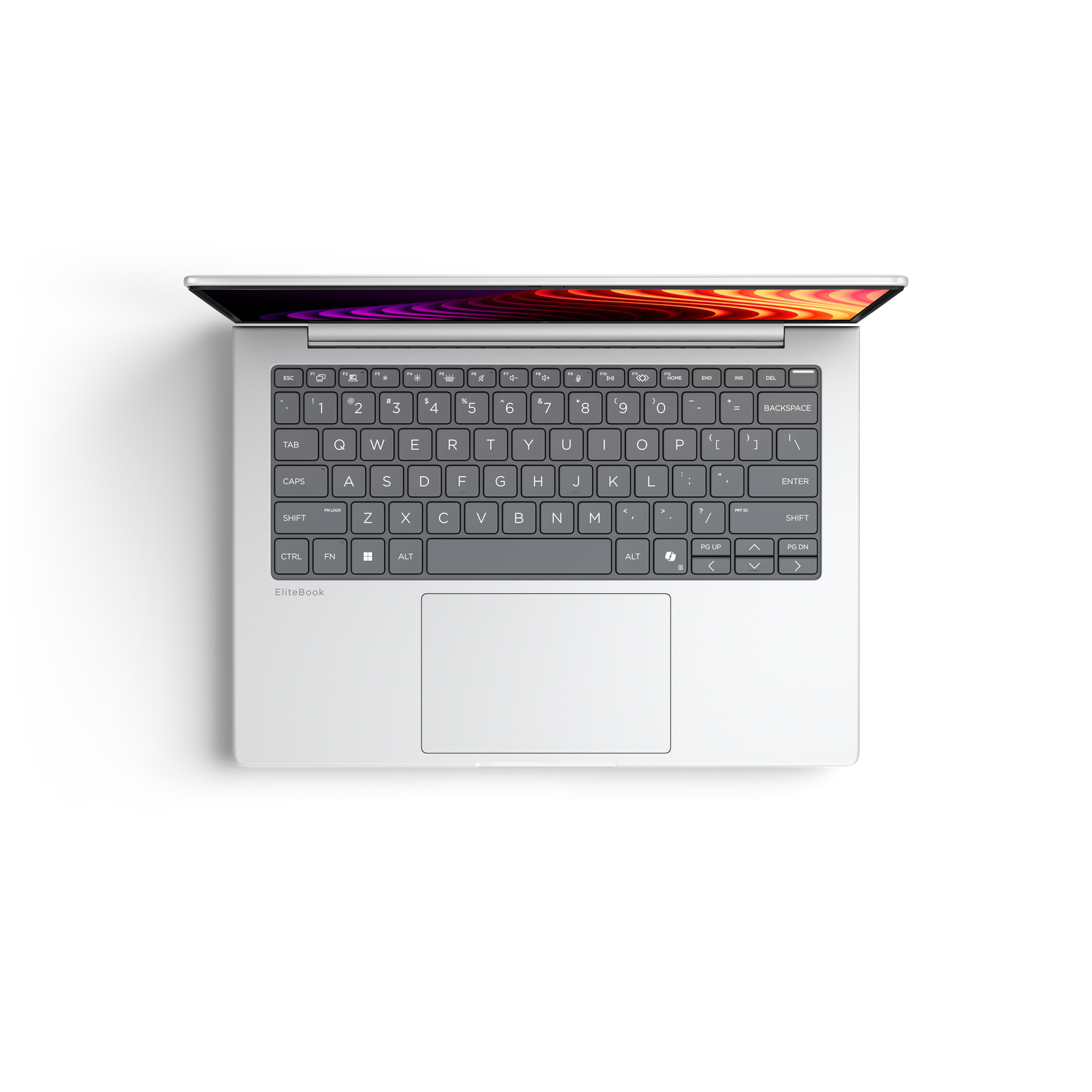 Een open zilveren laptop. Het scherm toont een kleurrijk abstract patroon op een witte achtergrond.