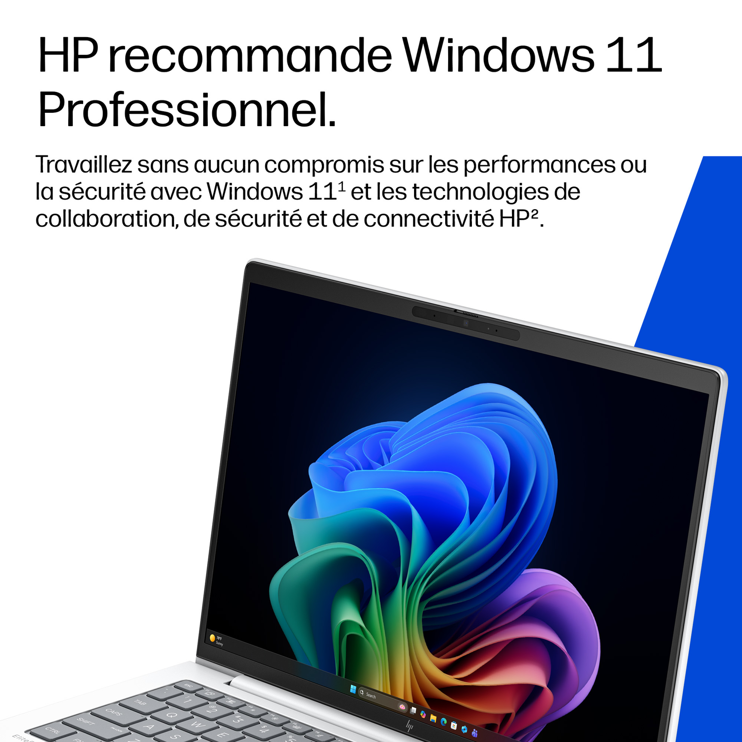 Un ordinateur portable affichant Windows 11 avec un fond abstrait coloré. Texte.