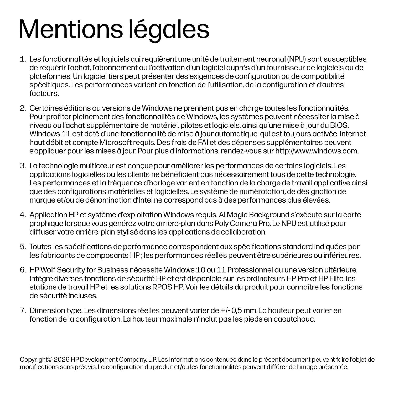 Mentions légales avec 7 paragraphes numérotés et informations de copyright.
