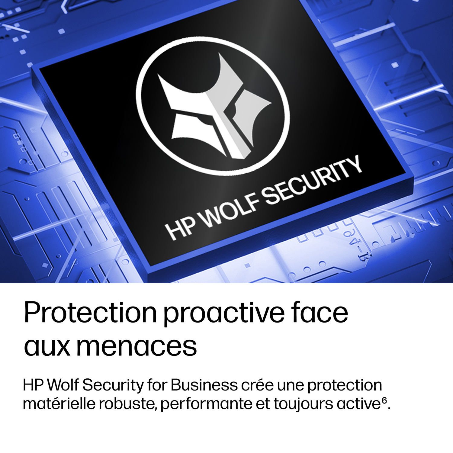 Une puce noire avec le logo HP Wolf Security et du texte sur fond bleu.