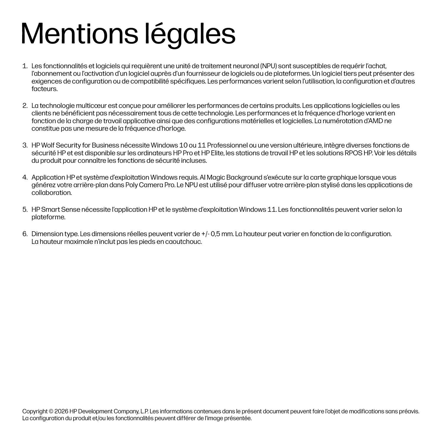 Texte avec mentions légales et informations produit HP.