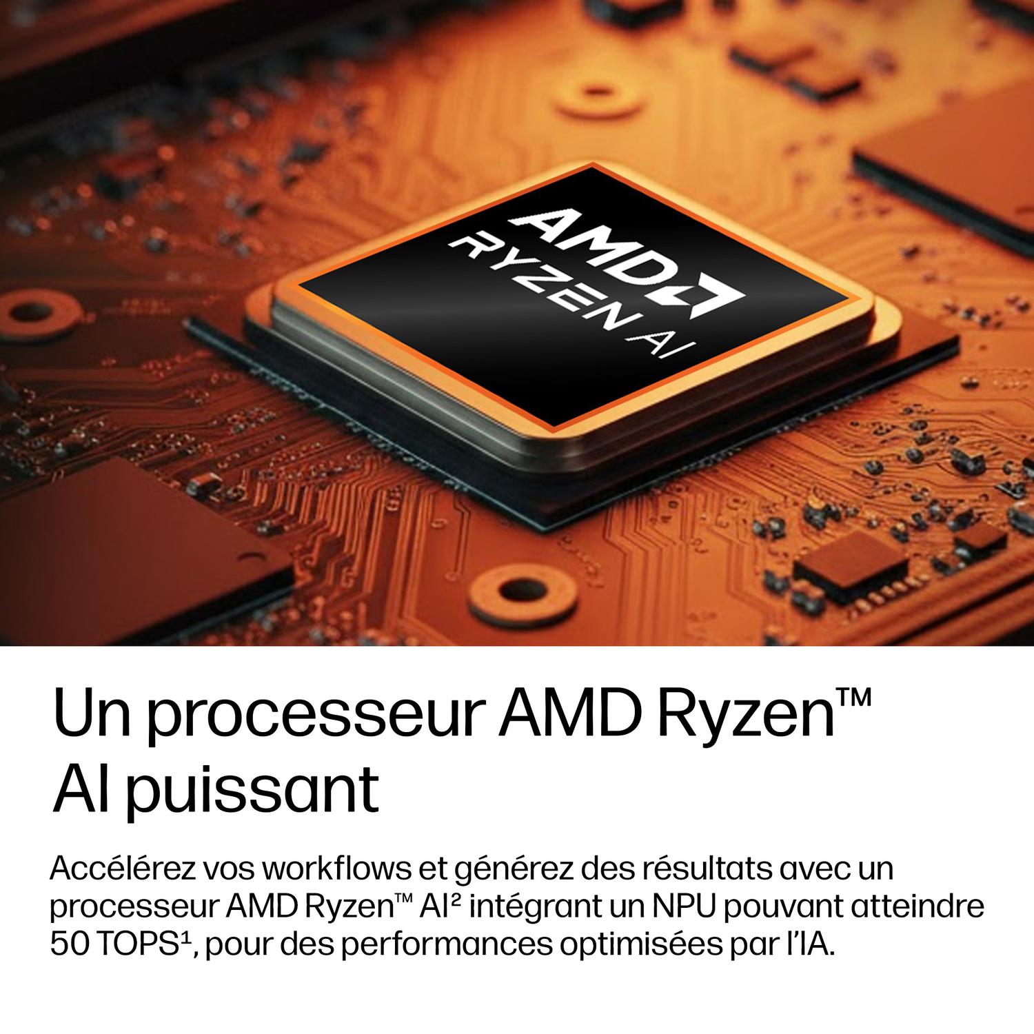 Processeur AMD Ryzen AI sur une carte de circuit imprimé. Gros plan.