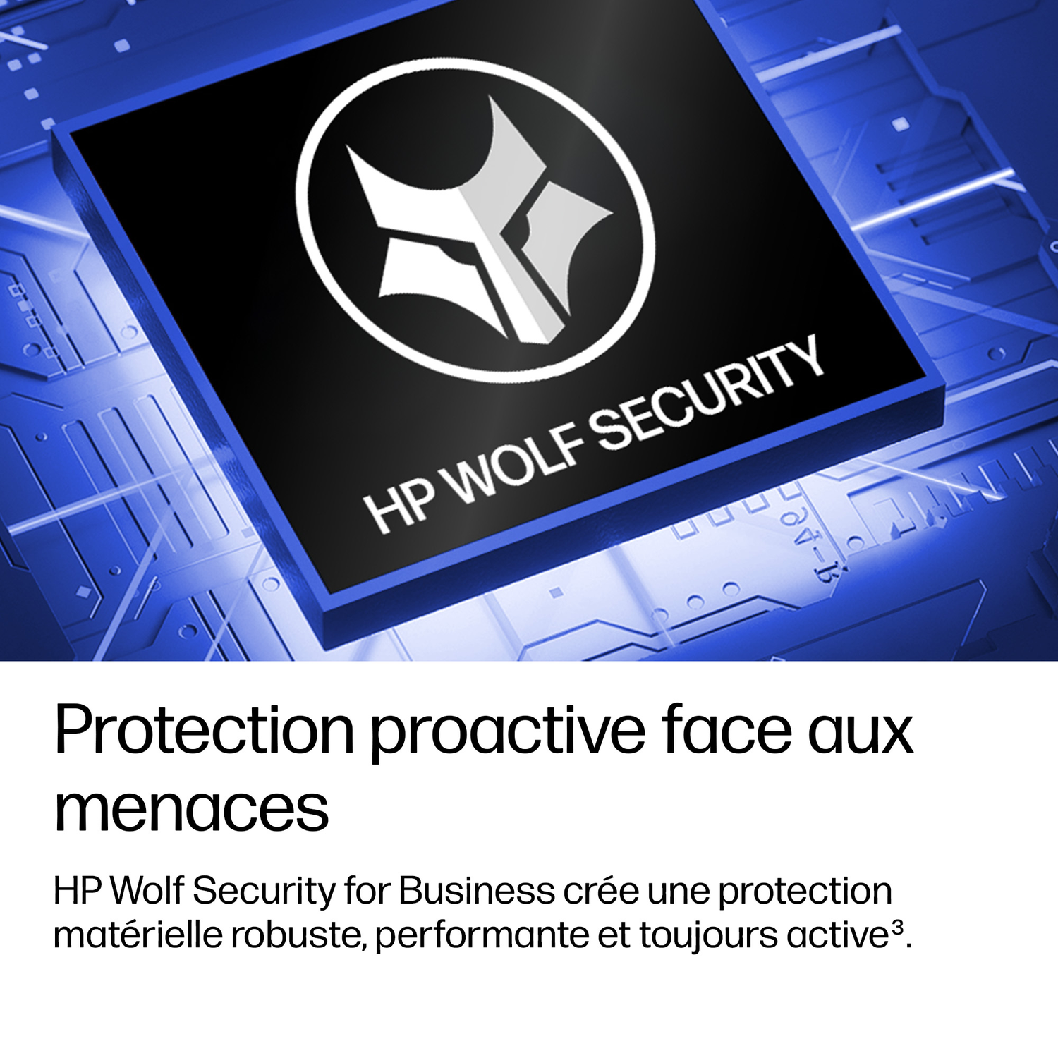 Une puce bleue avec le logo HP Wolf Security sur fond cybernétique.