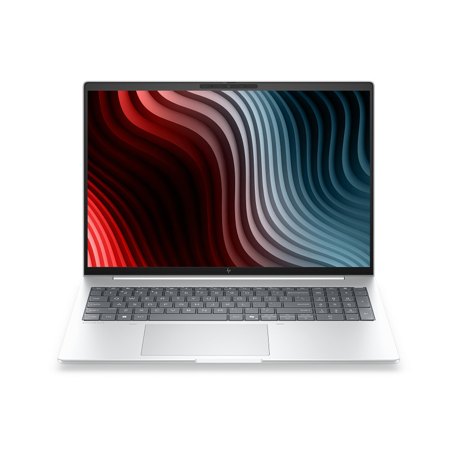 Een open zilveren laptop met een abstracte rode en blauwe achtergrond.