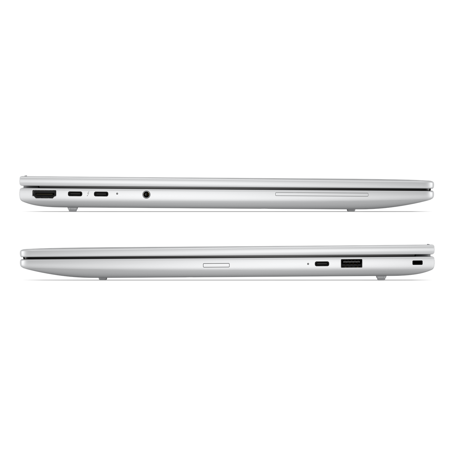 Zilveren laptop met poorten: HDMI, USB-C, audio jack, USB-A.