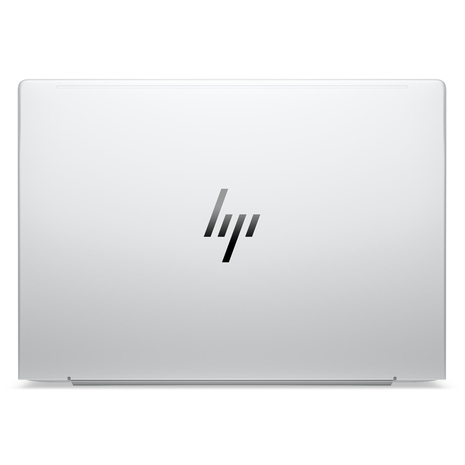Een zilveren laptop achterkant met het zwarte HP-logo in het midden.