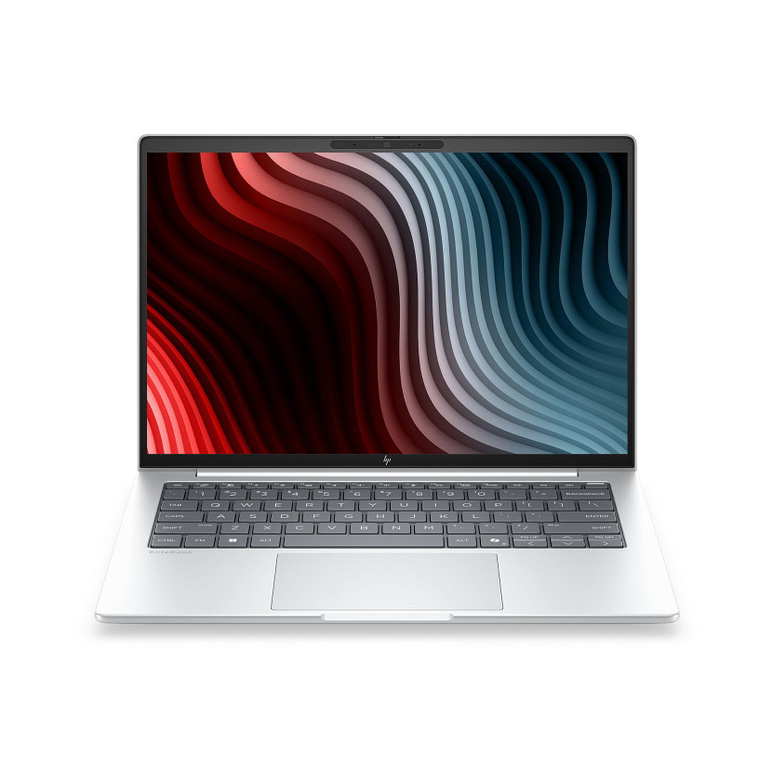 Een open zilveren laptop met een abstracte rode en blauwe achtergrondafbeelding.