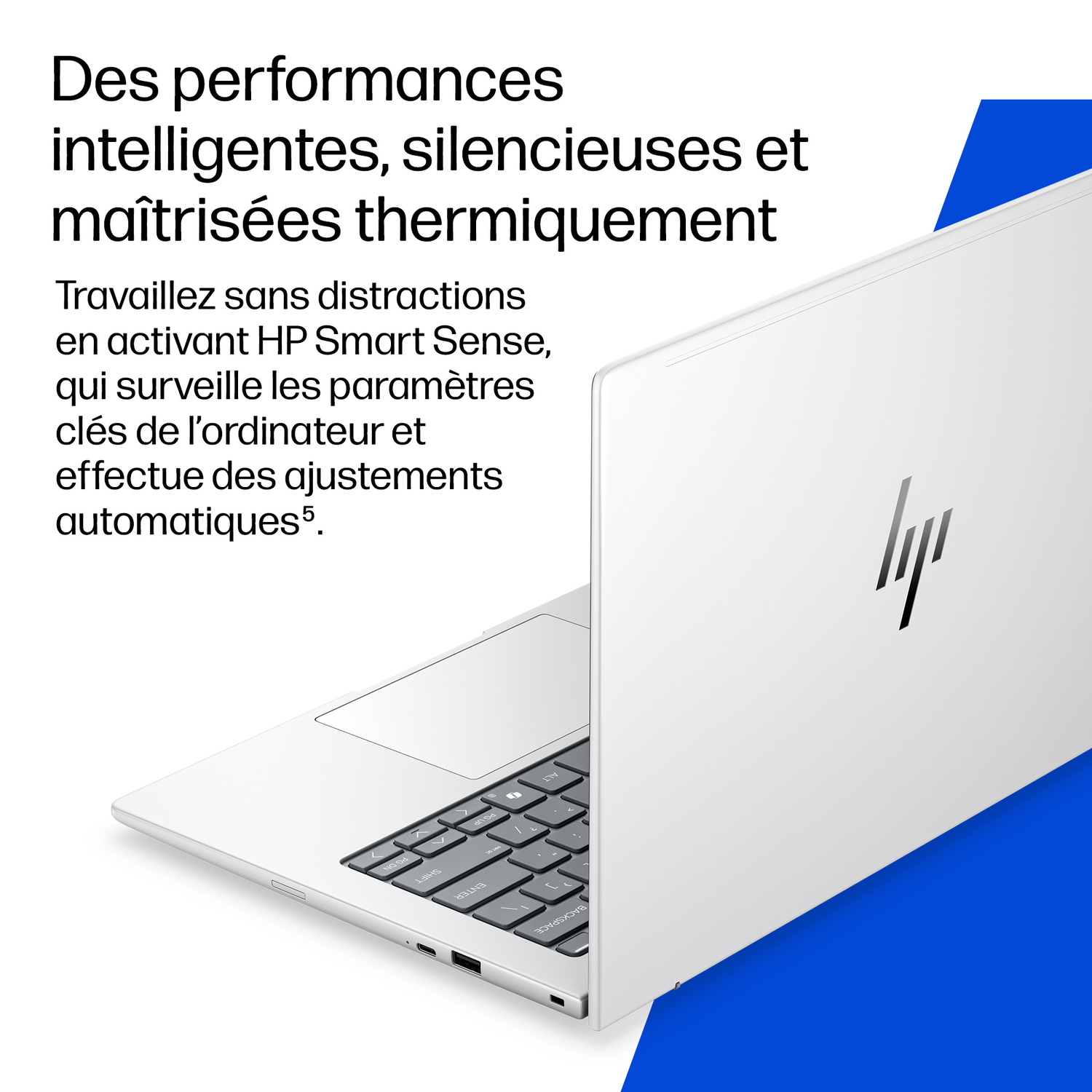 Un ordinateur portable blanc avec le logo HP. Texte en français sur les performances intelligentes.