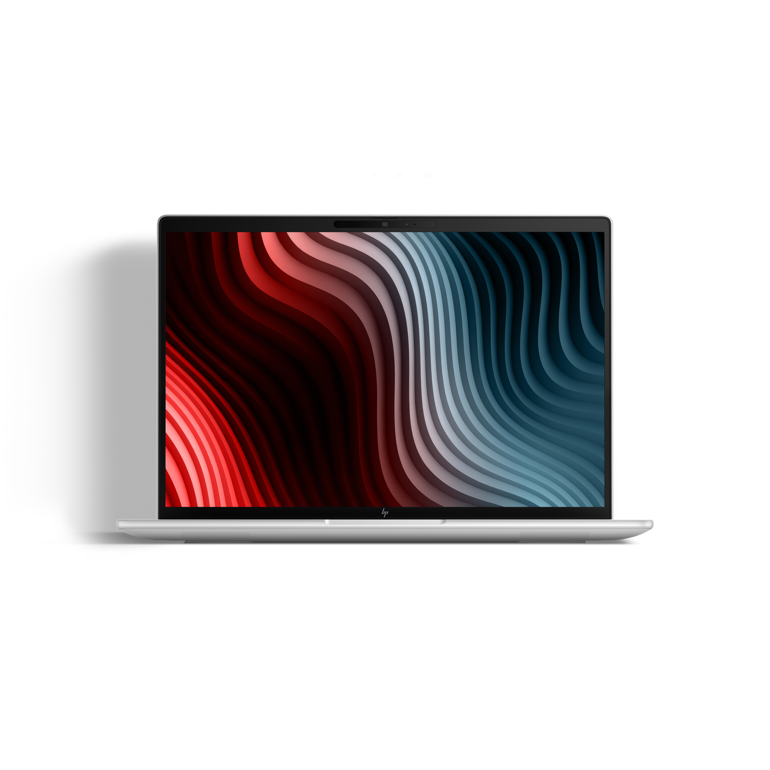 Een zilveren laptop met een golvend rood en blauw patroon op het scherm.