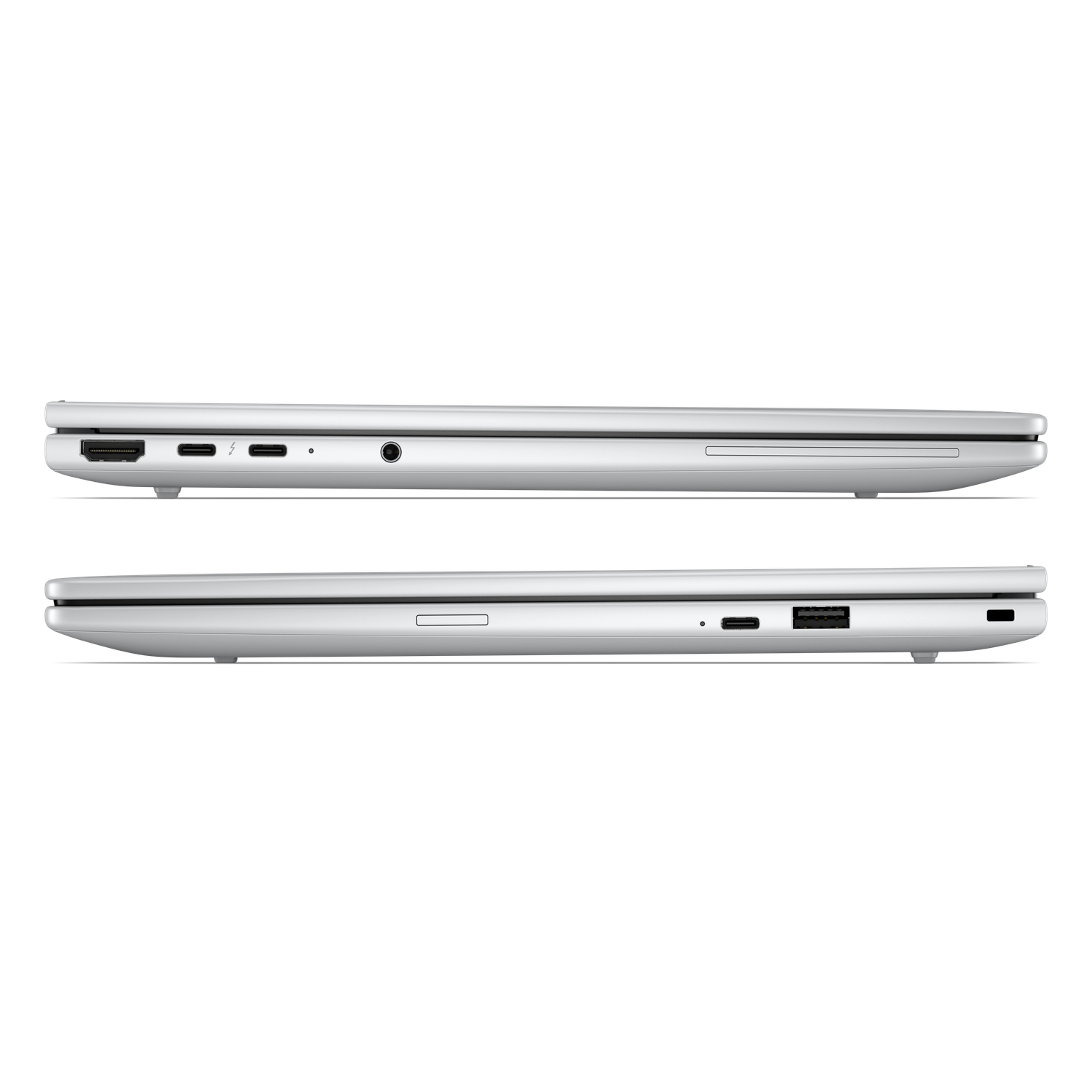 Zilveren laptop met HDMI, Thunderbolt, USB-C, koptelefoonaansluiting.